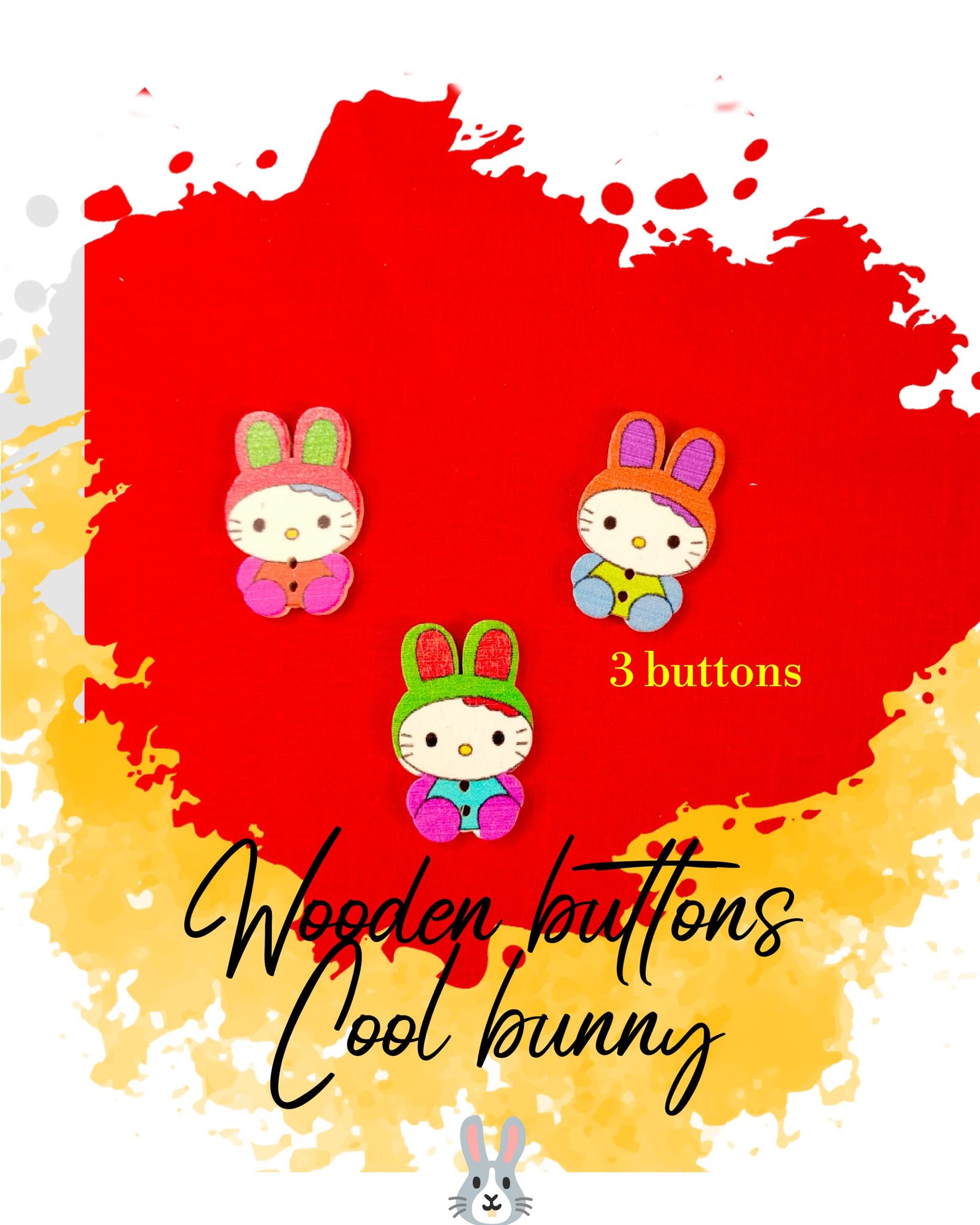 Cool bunny - Set of 3 - Funky wooden buttons