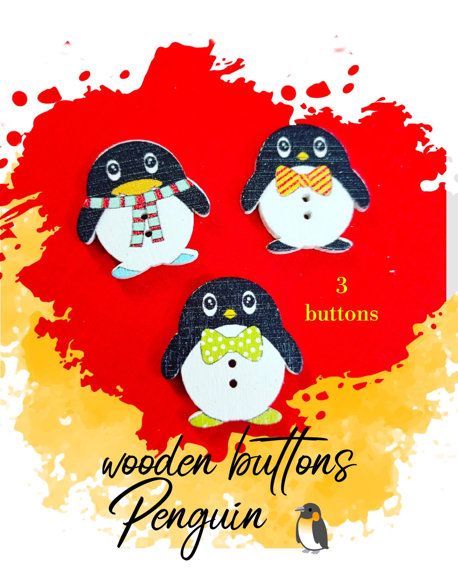 Penguin - Set of 3 - Funky wooden buttons