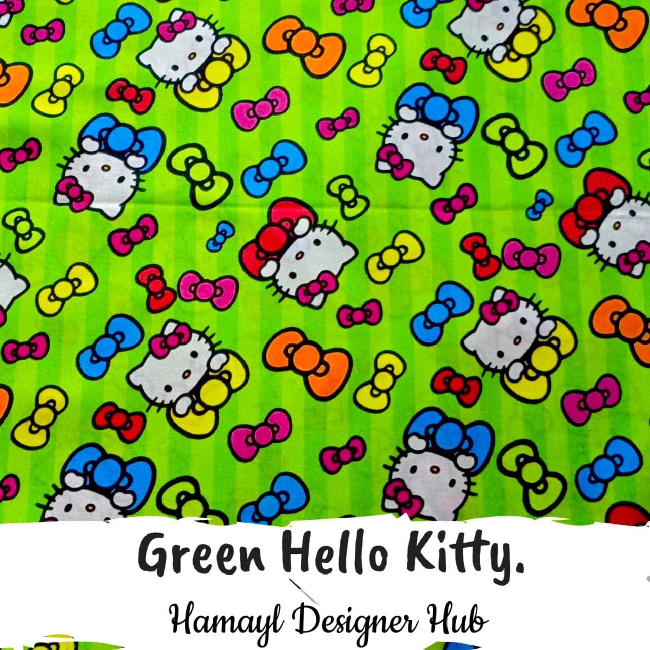 Hello Kitty Green – digital printed lawn fabric, 45-inch width, unstitched