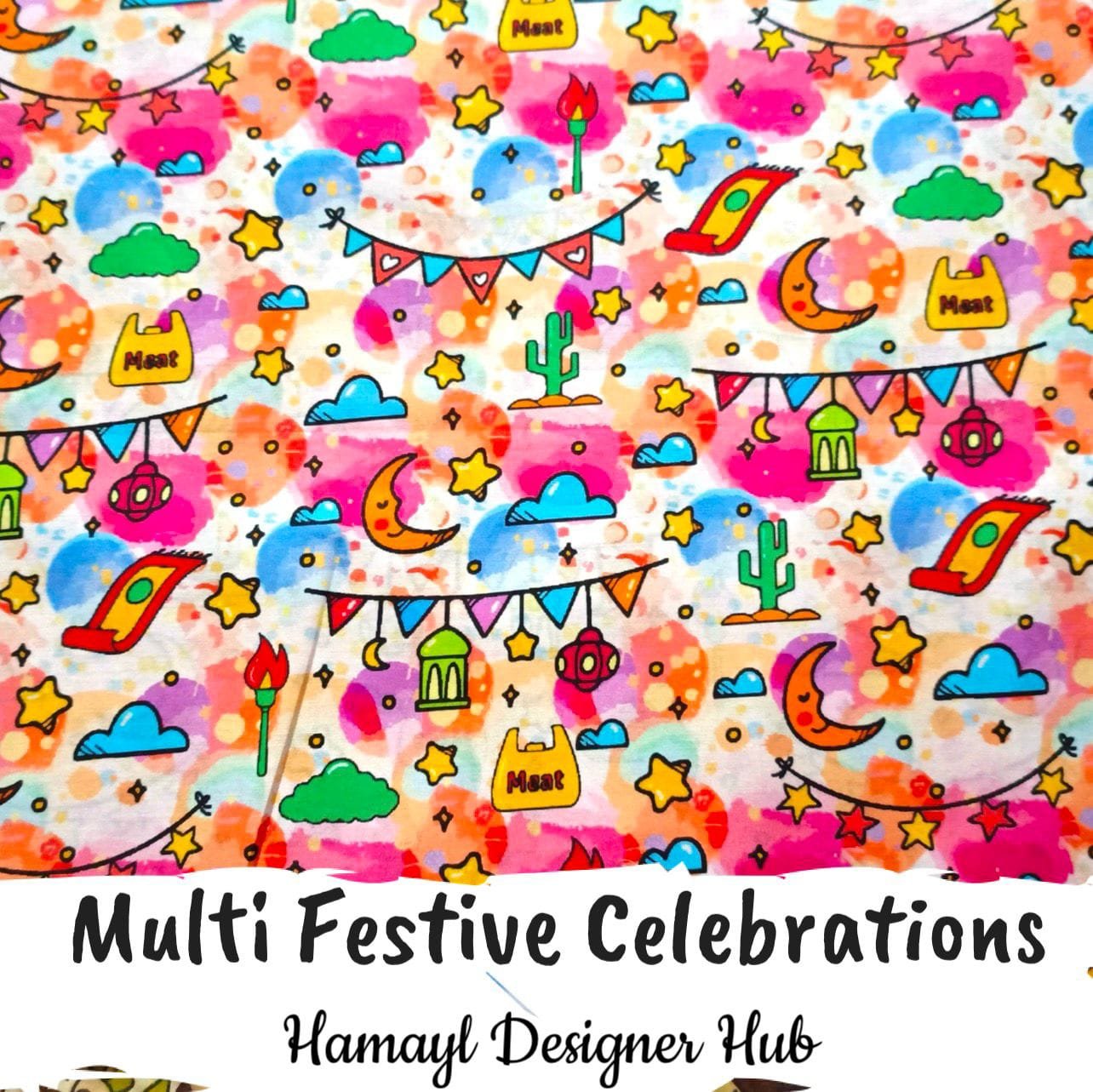 Multi Festive Celebrations – digital printed lawn fabric, 45-inch width, unstitched