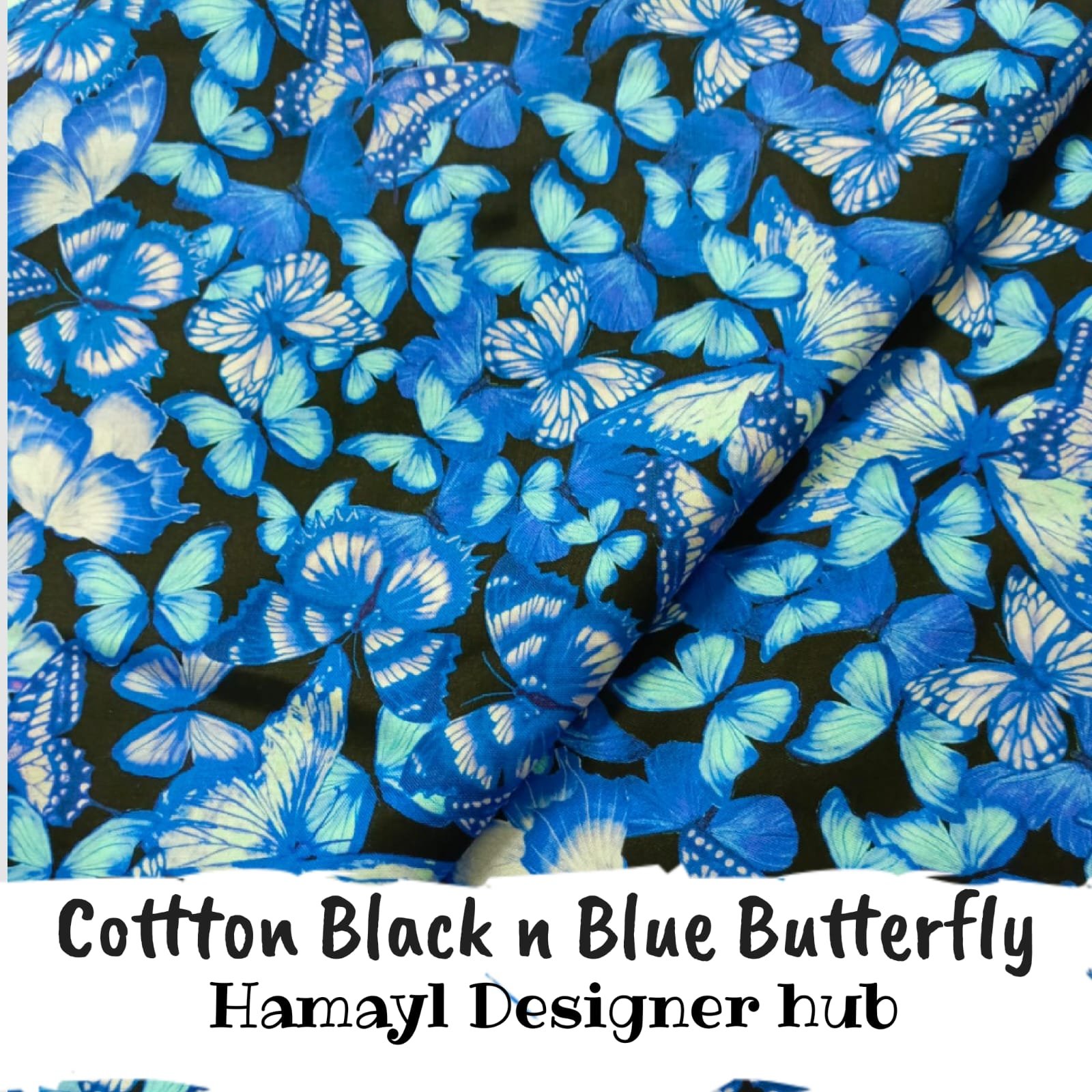 Black & Blue Butterfly – printed winter cotton fabric, unstitched