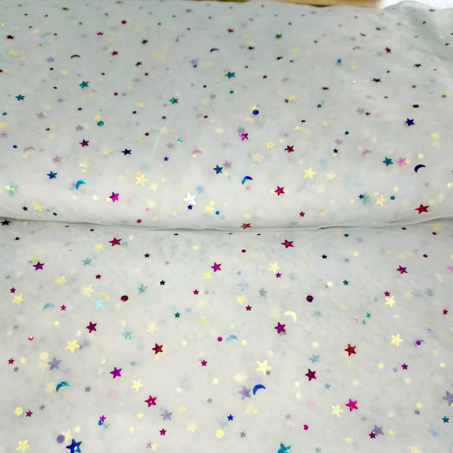 Whimsical Net (60" width)- Multi Moon Stars -Imported Net — unstitched fabric