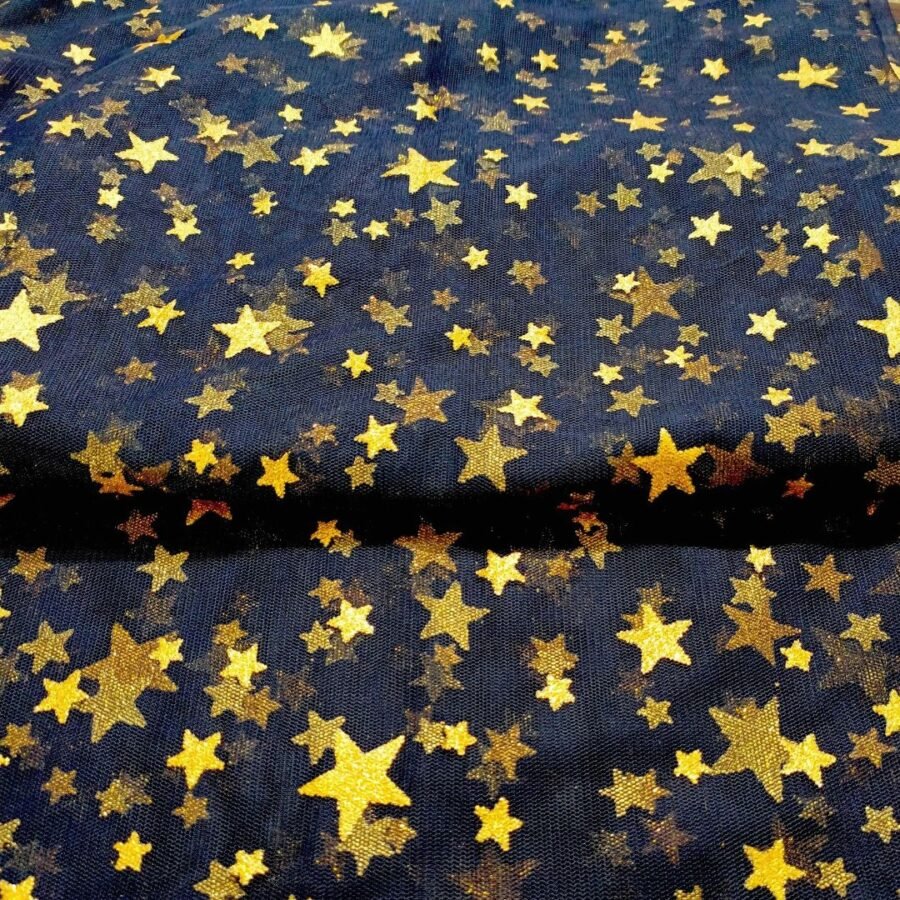 Navy Blue(60"width)- Golden Glittery Stars -Imported Net — unstitched fabric