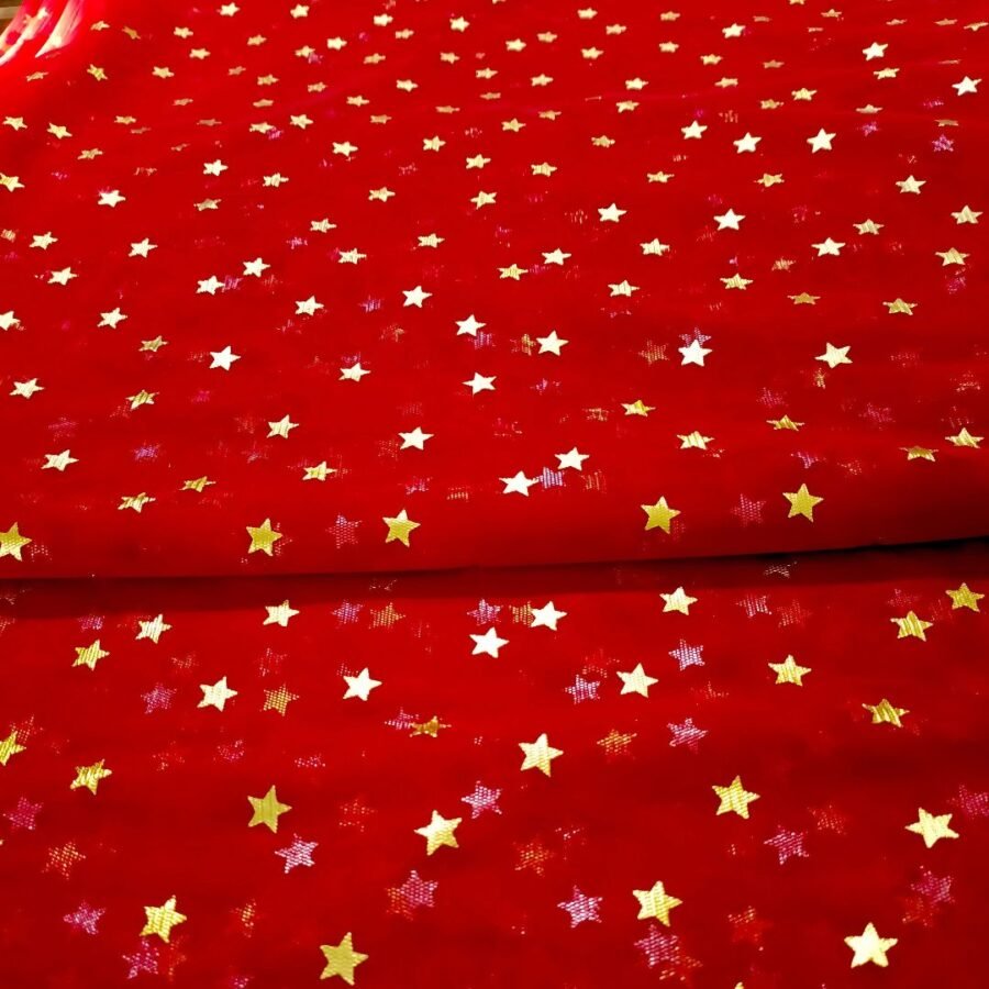 Deep Red (60" width)- Golden Glittery Stars -Imported Net — unstitched fabric