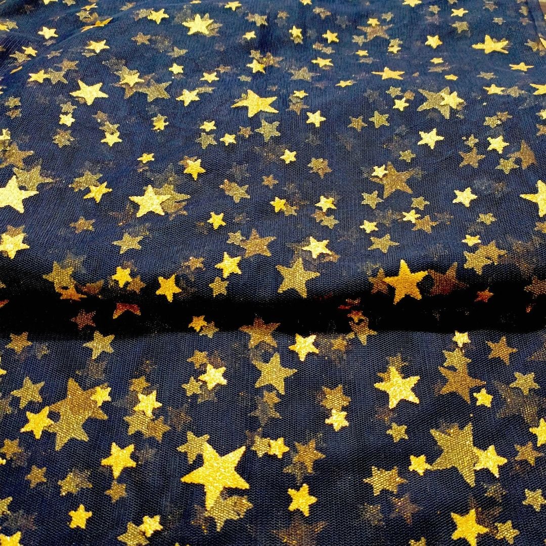 Navy Blue – Golden Glittery Stars – festive net fabric, 60-inch width, unstitched