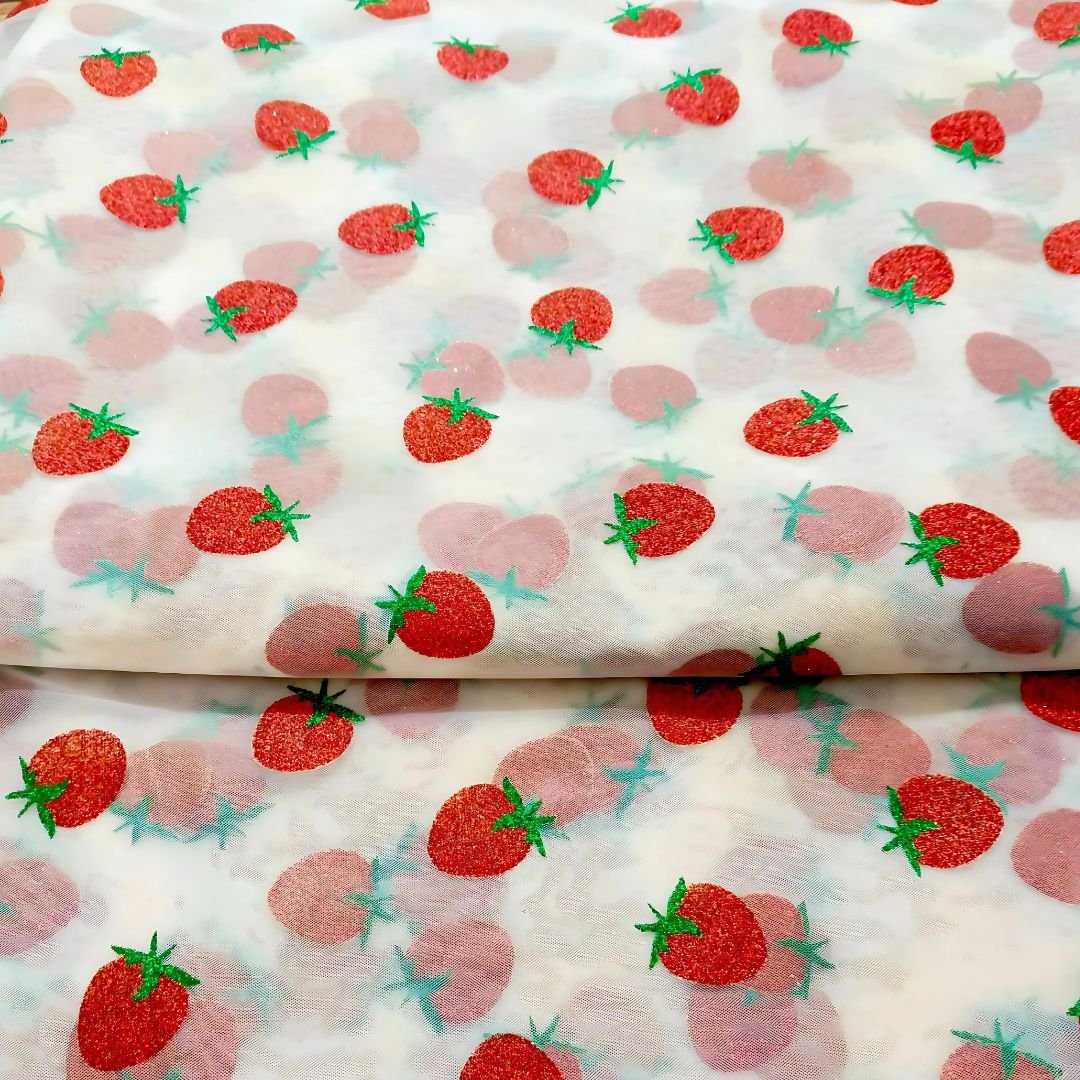 Powder Pink-Red Glittery Strawberry – festive net fabric, 60-inch width, unstitched