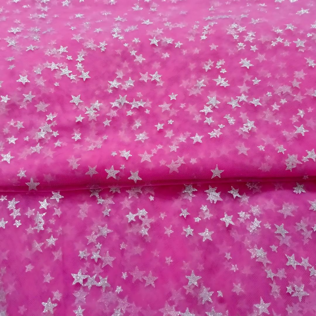 Princess Pink – Silver Glittery Stars – festive net fabric, 45-inch width, unstitched