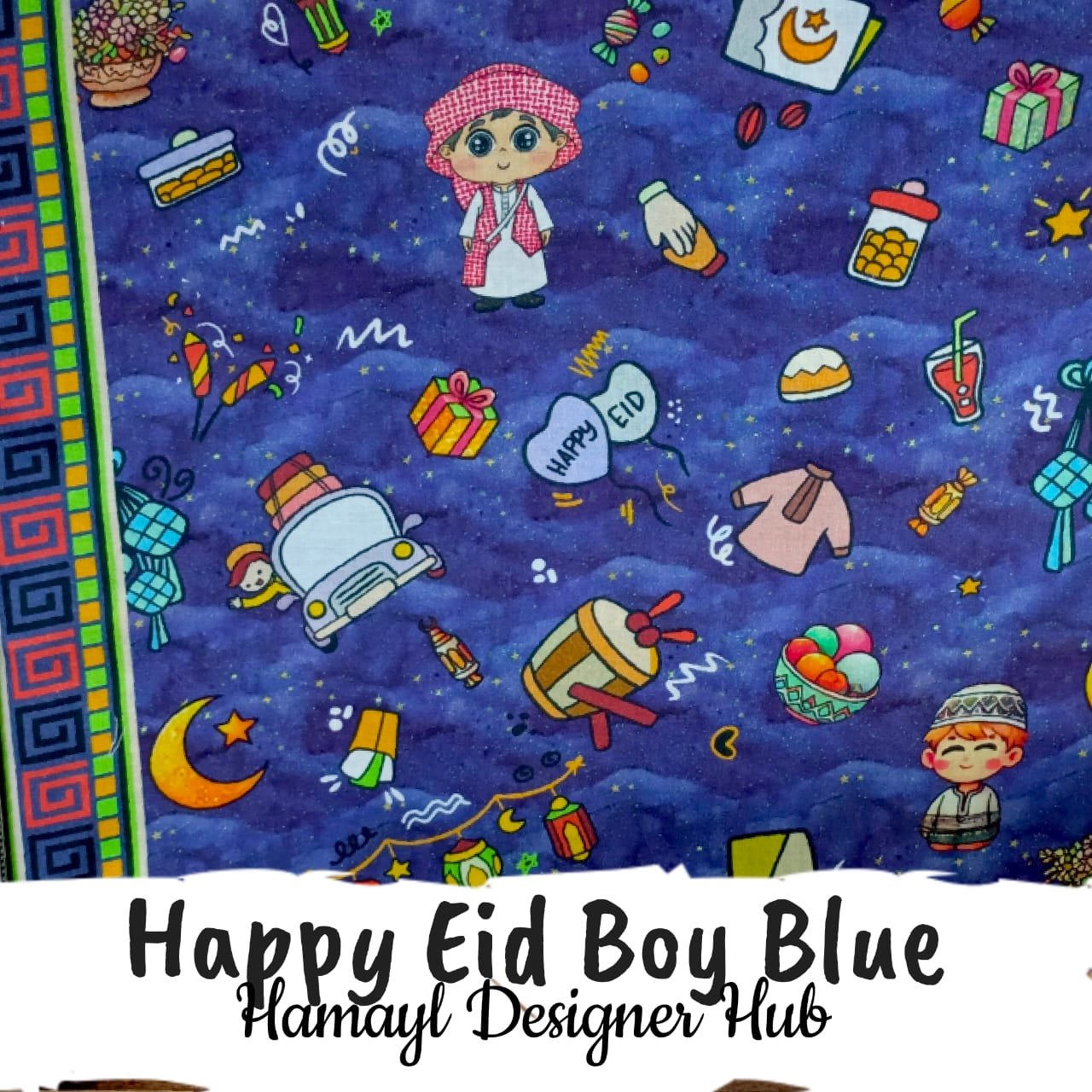 Happy Eid Blue (Boy) – digital printed lawn fabric, 45-inch width, unstitched