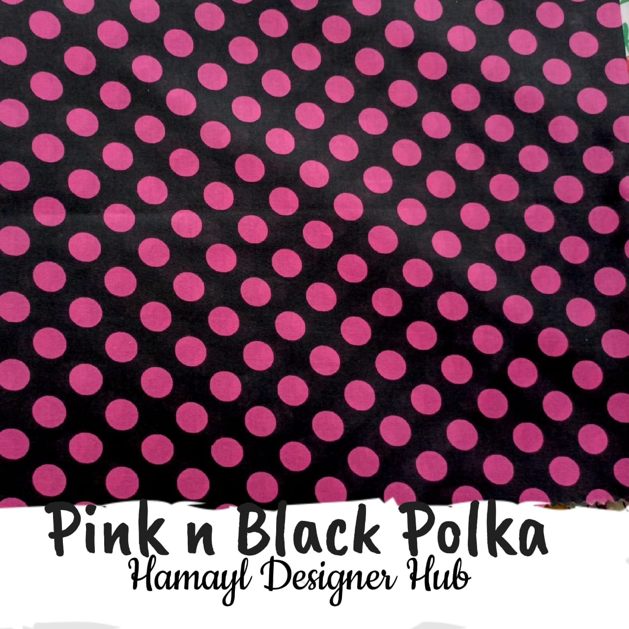 Pink n Black Polka – digital printed lawn fabric, 45-inch width, unstitched
