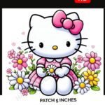 Iron-on patch with Hello Kitty sitting with flowers – 3 inch cartoon applique