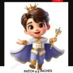 Iron-on patch of cartoon prince in purple cape and crown – 4.5 inch royal boy design