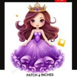 Iron-on patch with cartoon princess in purple gown and crown – 4 inch applique