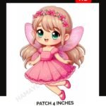 Iron-on patch of cartoon girl in pink fairy outfit – 4 inch kids applique