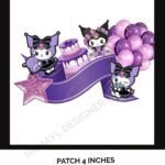 Iron-on patch with Kuromi character holding purple balloons – 4 inch applique