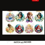 Iron-on patch with cartoon princess faces in circular format – 4.5 inch applique