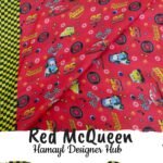 Red lawn fabric with Lightning McQueen car motifs – Kids Collection Lawn 2025