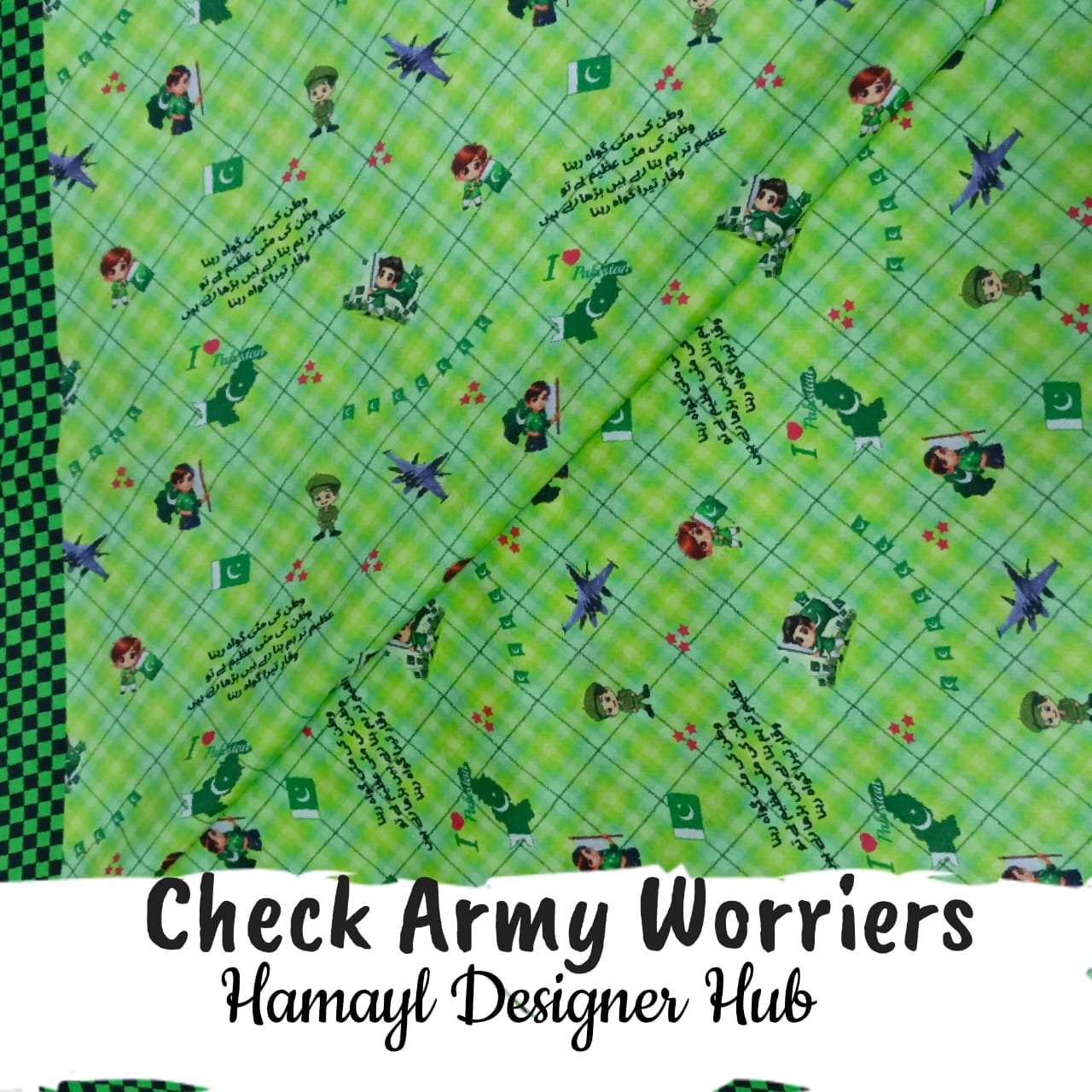 Check Army Worriers – Azadi 14 August digital lawn print fabric, 45-inch width, unstitched