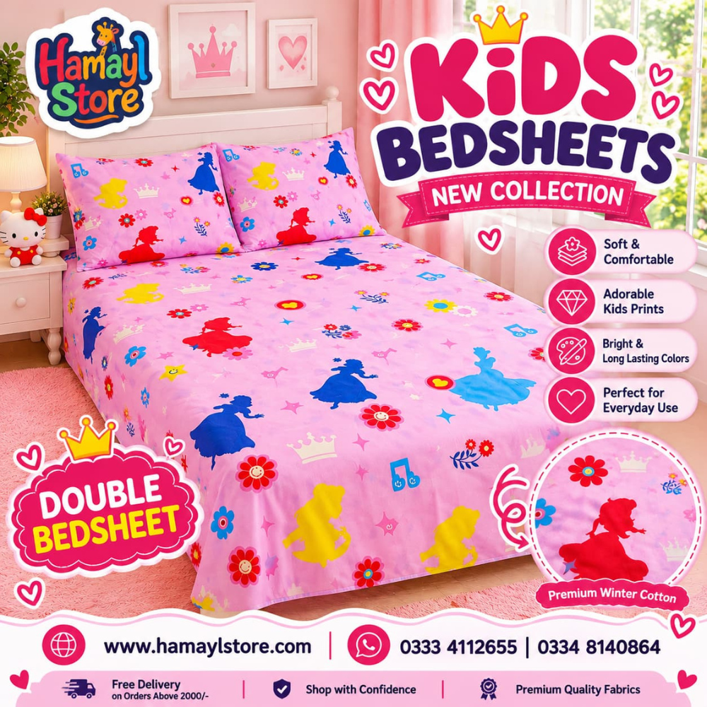 Colorful Princess Kids Double Bedsheet with 2 Pillow Covers – kids bedsheets