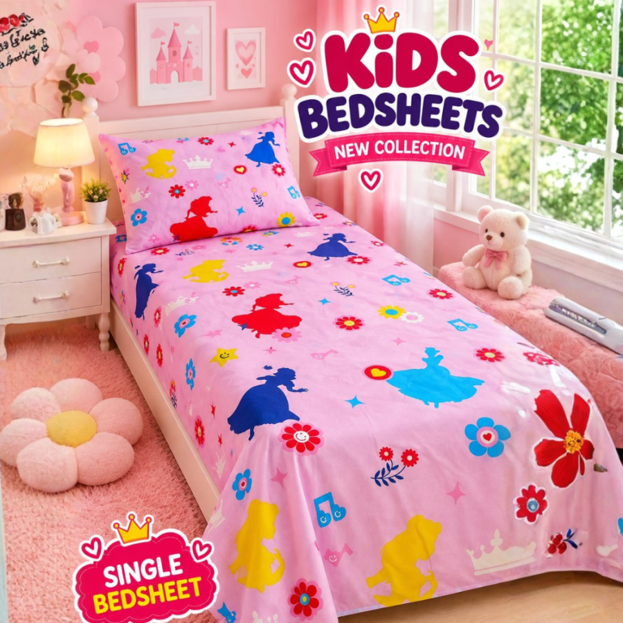 Colorful Princess Kids Single Bedsheet with 1 Pillow Cover – kids bedsheets
