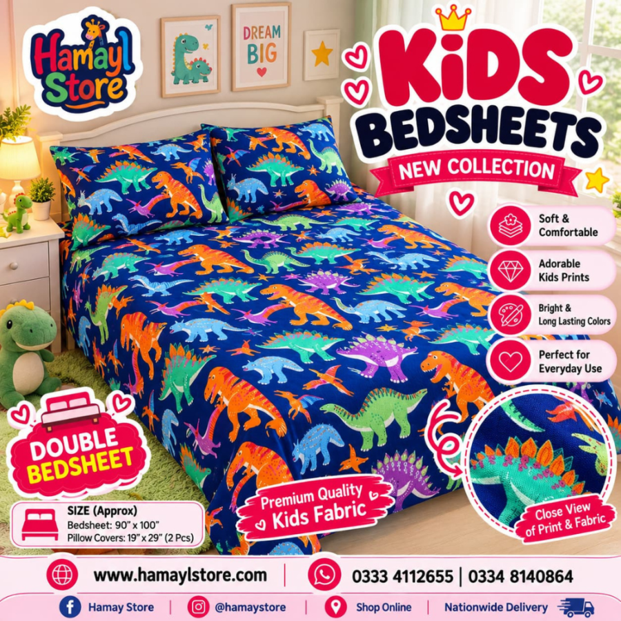 Dinosaur Kids Double Bedsheet with 2 Pillow Covers – kids bedsheets