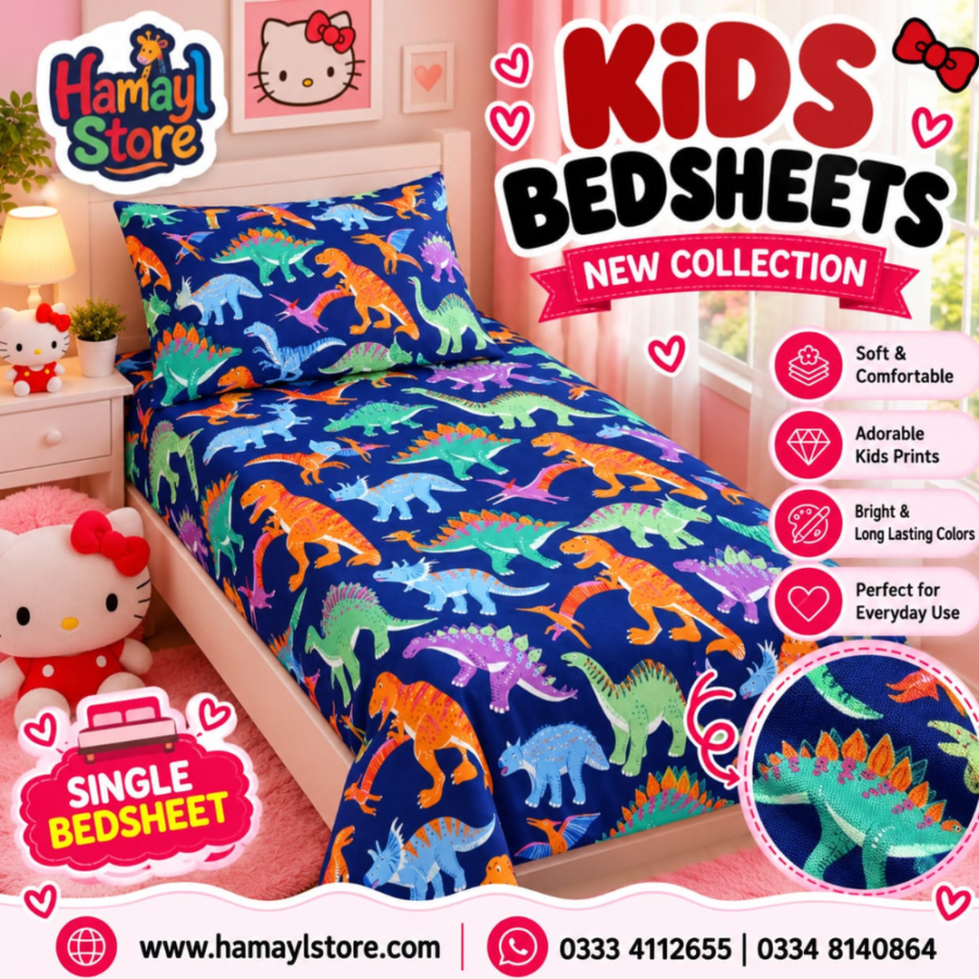 Dinosaur Kids Single Bedsheet with 1 Pillow Cover – kids bedsheets