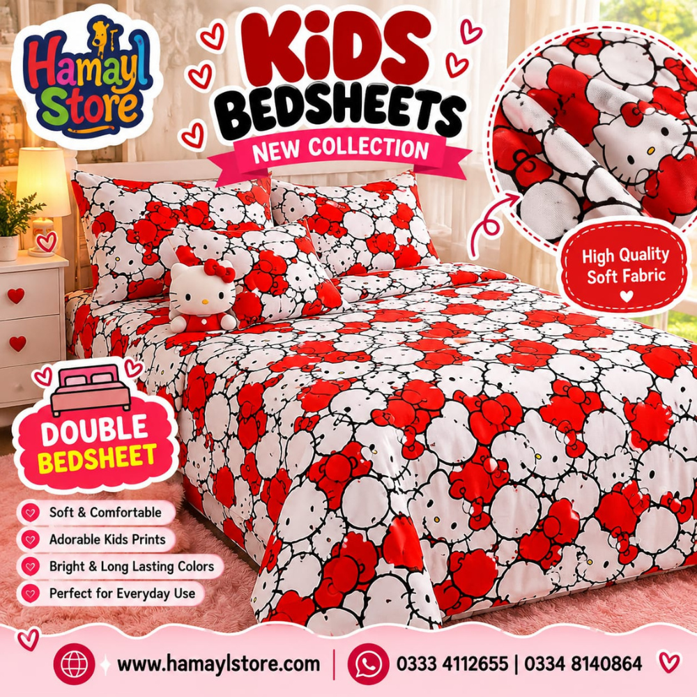 Hello Kitty Kids Double Bedsheet with 2 Pillow Covers – kids bedsheets