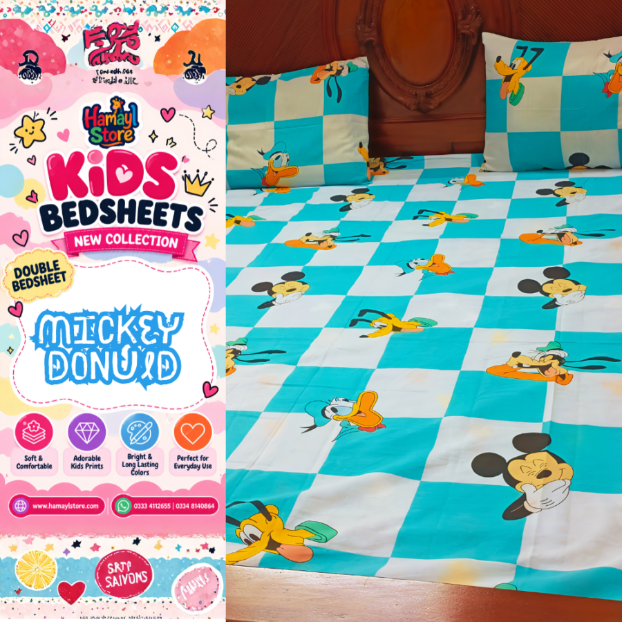 Mickey Donald Kids Double Bedsheet with 2 Pillow Covers – kids bedsheets