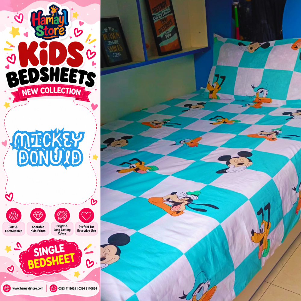 Mickey Donald Kids Single Bedsheet with 1 Pillow Cover – kids bedsheets