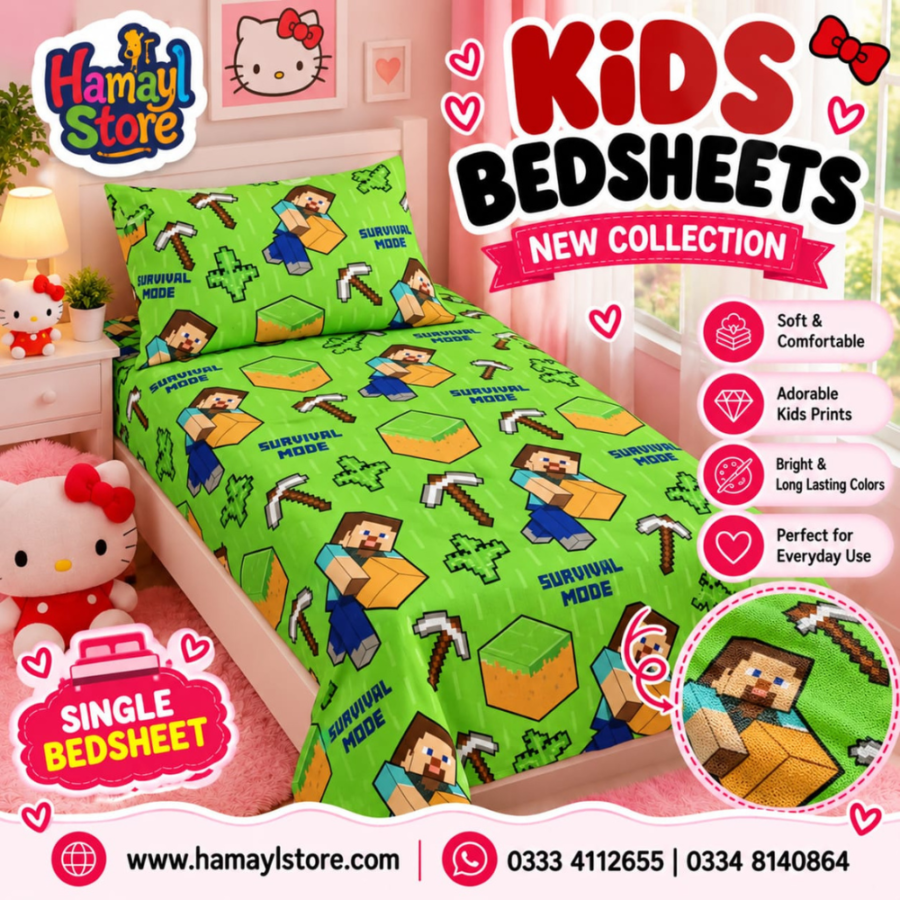 Minecraft Kids Single Bedsheet with 1 Pillow Cover – kids bedsheets