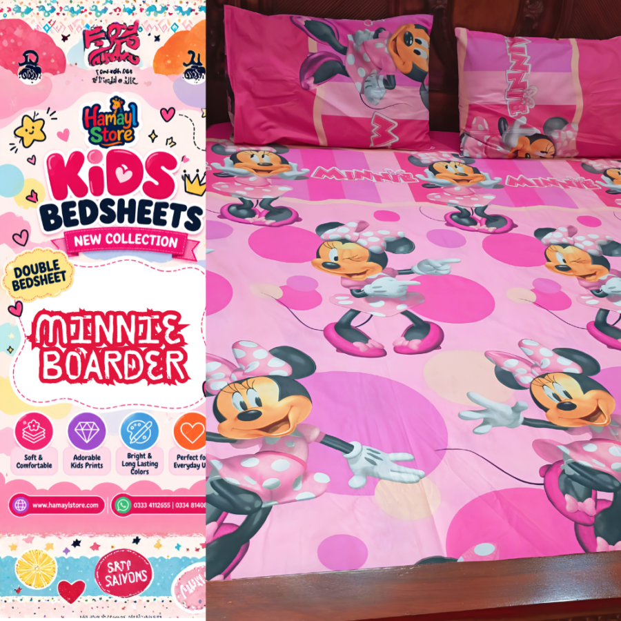 Minnie Border Kids Double Bedsheet with 2 Pillow Covers – kids bedsheets