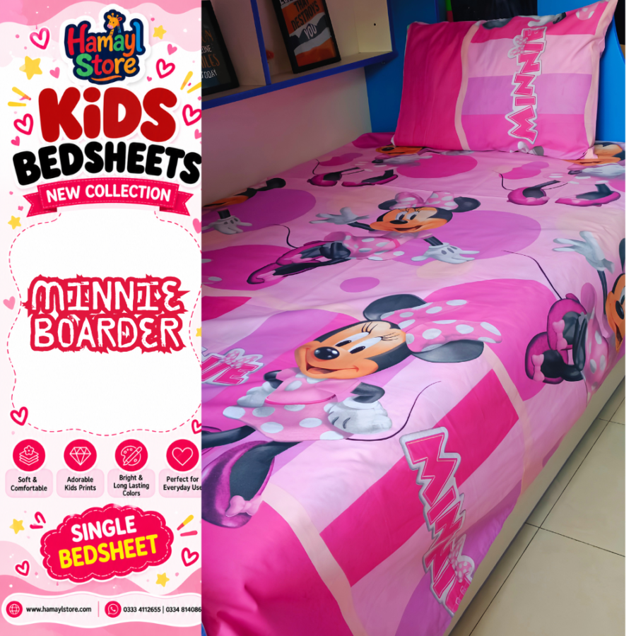Minnie Border Kids Single Bedsheet with 1 Pillow Cover – kids bedsheets