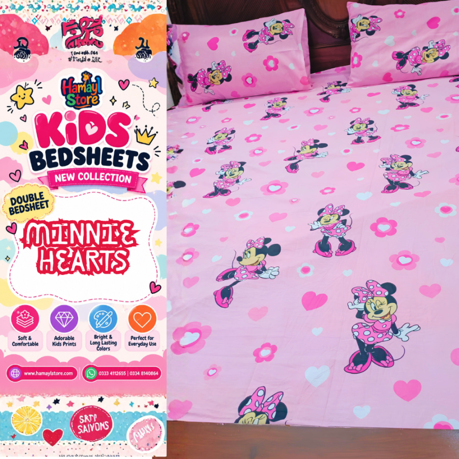 Minnie Hearts Kids Double Bedsheet with 2 Pillow Covers – kids bedsheets