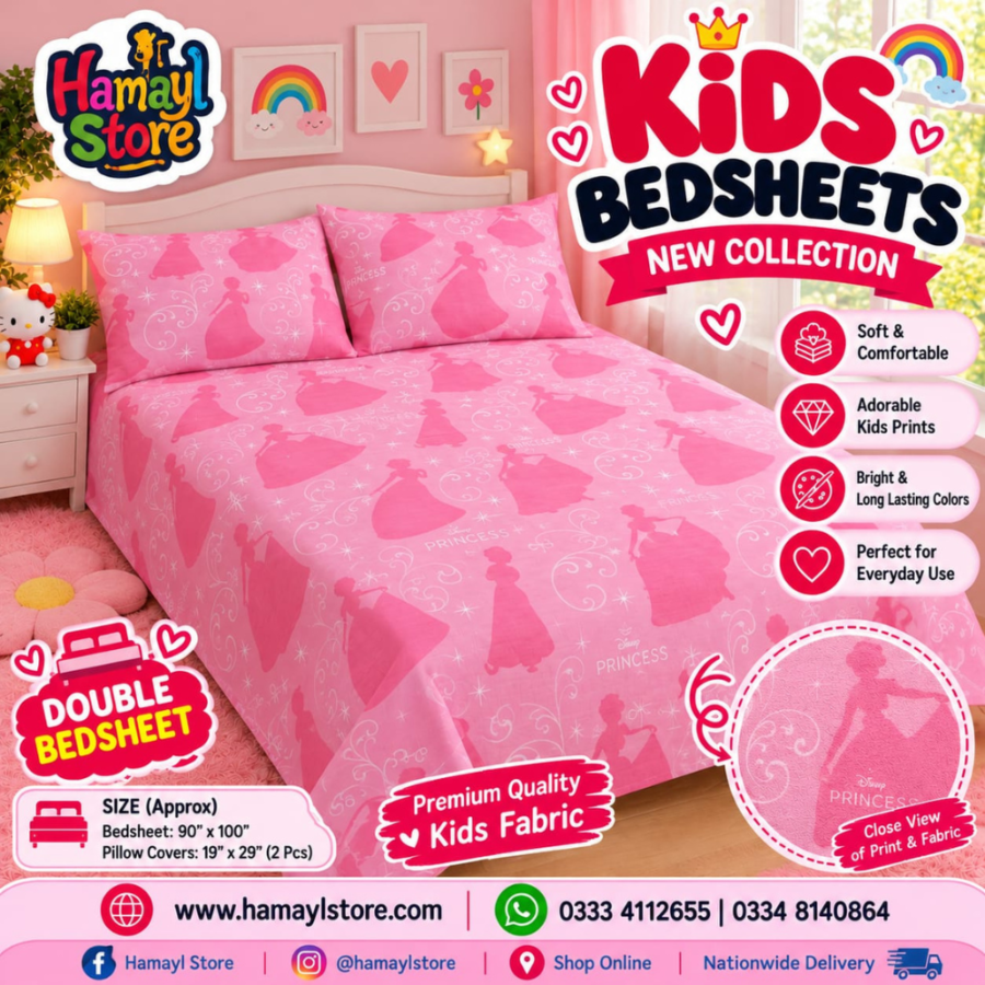 Pink Princess Kids Double Bedsheet with 2 Pillow Covers – kids bedsheets