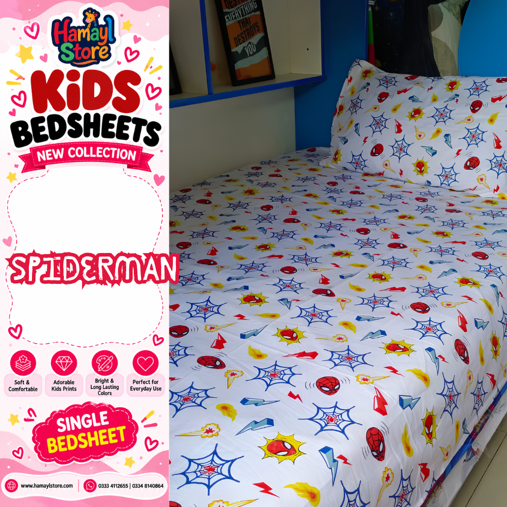 Spiderman Kids Single Bedsheet with 1 Pillow Cover – kids bedsheets