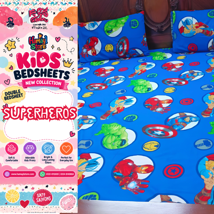 Superhero Kids Double Bedsheet with 2 Pillow Covers – kids bedsheets