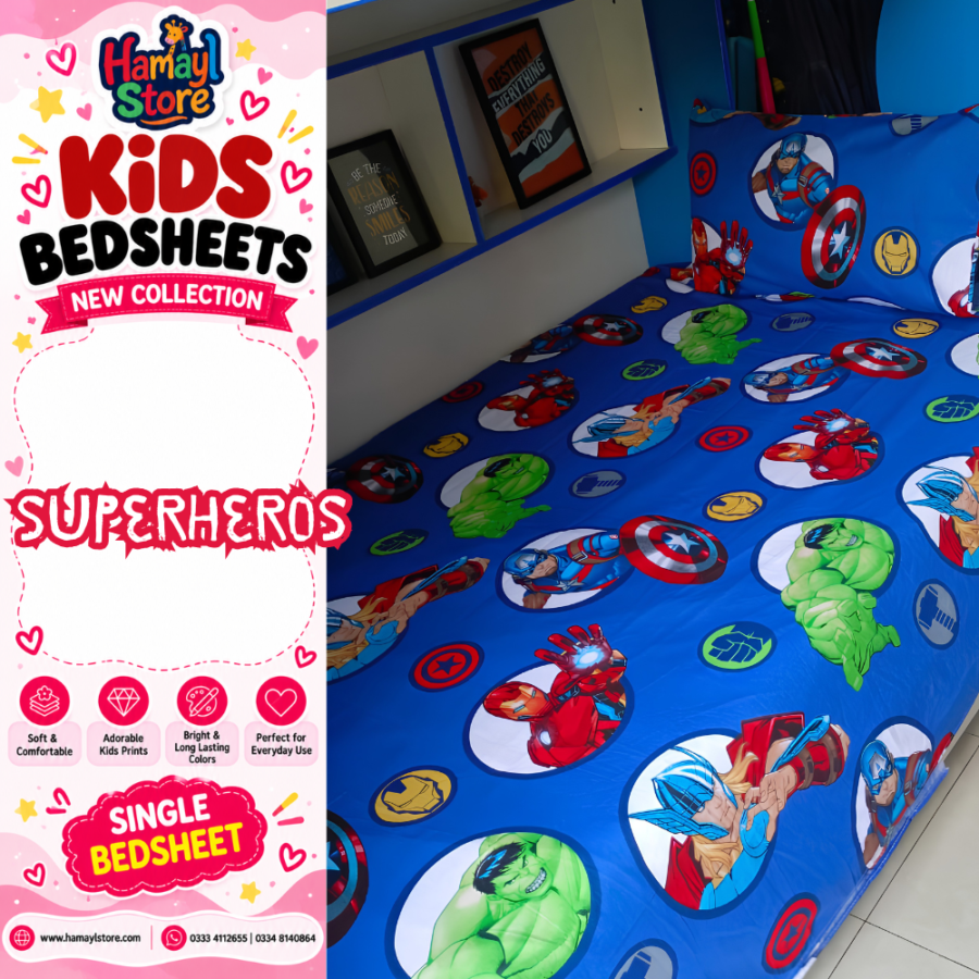 Superhero Kids Single Bedsheet with 1 Pillow Cover – kids bedsheets