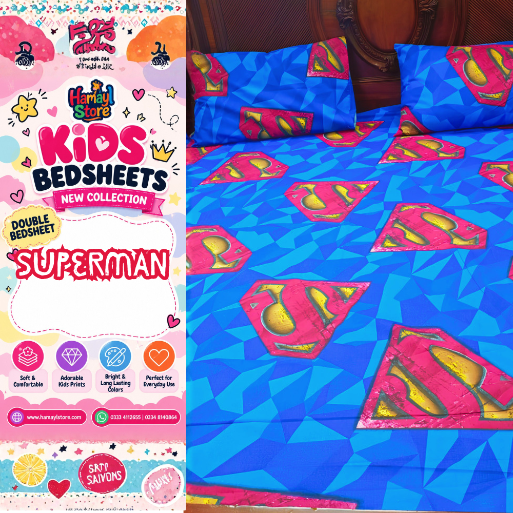 Superman Kids Double Bedsheet with 2 Pillow Covers – kids bedsheets