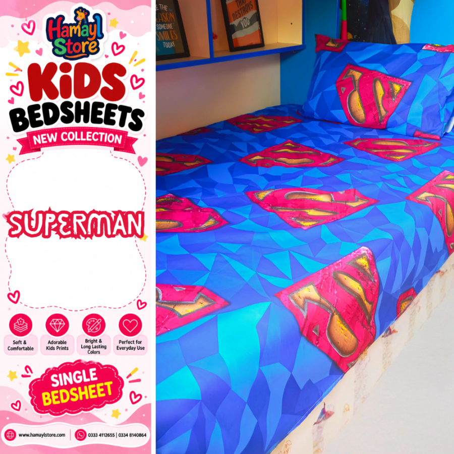 Superman Kids Single Bedsheet with 1 Pillow Cover – kids bedsheets