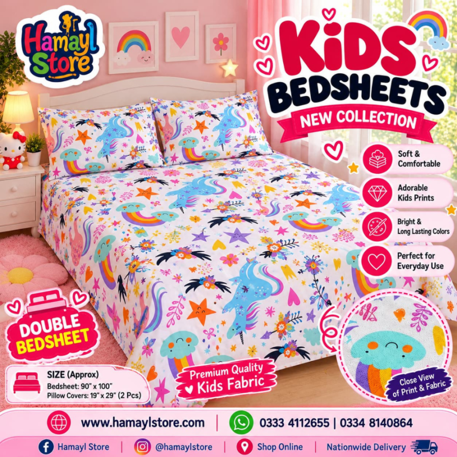 Unicorn World Kids Double Bedsheet with 2 Pillow Covers – kids bedsheets