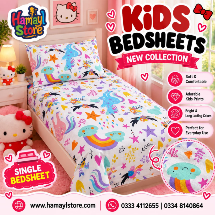 Unicorn World Kids Single Bedsheet with 1 Pillow Cover – kids bedsheets