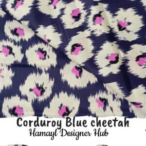 Alt Text: Corduroy Blue Cheetah – 58 inch funky corduroy kotrai fabric by Hamayl Designer Hub Pakistan