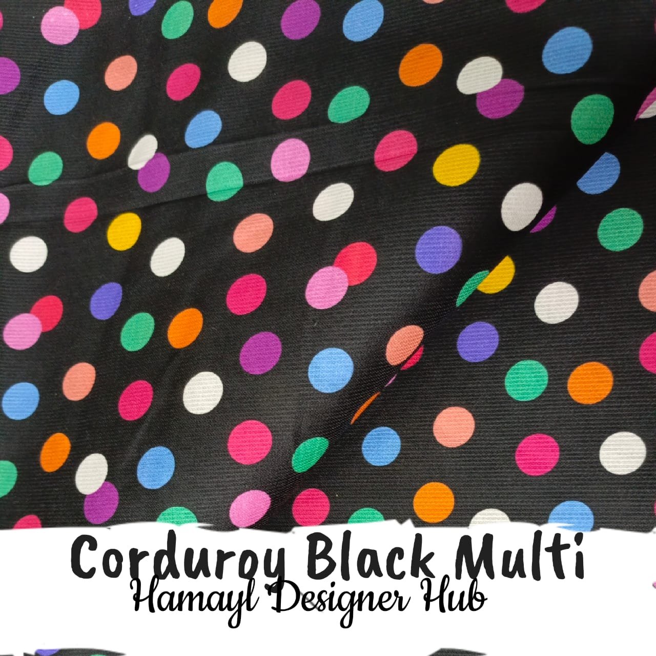 Corduroy Black Multi – 58 inch funky corduroy kotrai fabric with multicolor polka dots by Hamayl Designer Hub Pakistan