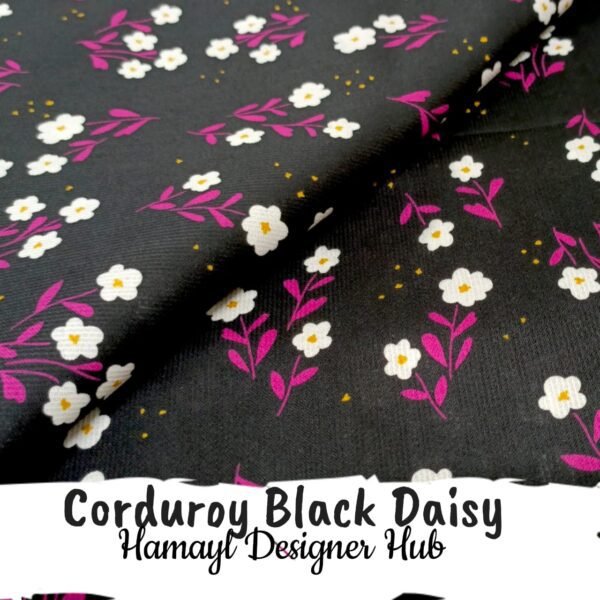 Alt Text: Corduroy Black Daisy – 58 inch funky corduroy kotrai fabric with floral daisy print by Hamayl Designer Hub Pakistan