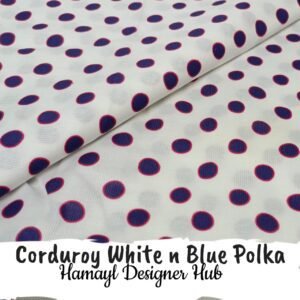 Corduroy White n Blue Polka – 58 inch funky corduroy kotrai fabric by Hamayl Designer Hub Pakistan