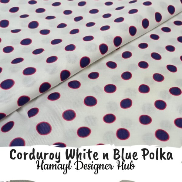 Corduroy White n Blue Polka – 58 inch funky corduroy kotrai fabric by Hamayl Designer Hub Pakistan