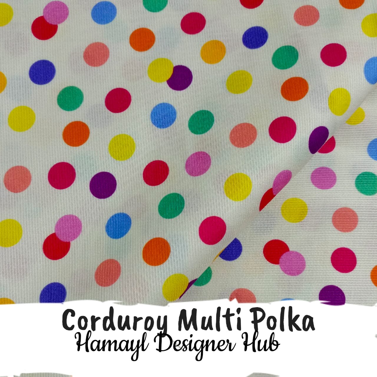 Corduroy Multi Polka – 58 inch funky corduroy kotrai fabric with multicolor polka dots by Hamayl Designer Hub Pakistan