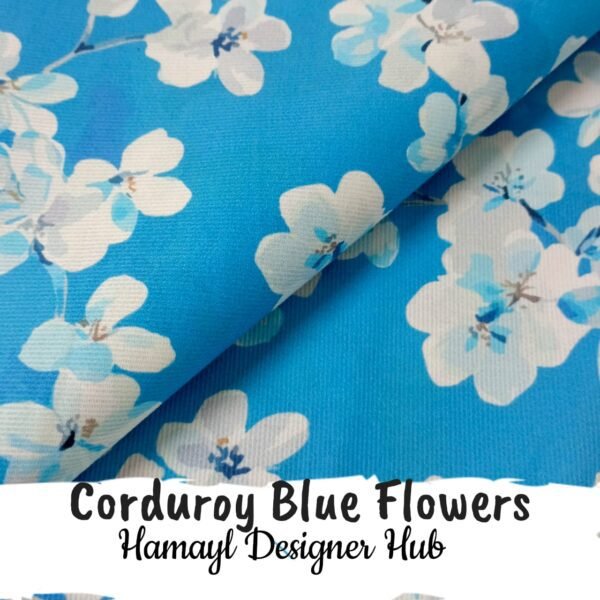 Corduroy Blue Flowers – 58 inch funky corduroy kotrai fabric with floral print by Hamayl Designer Hub Pakistan
