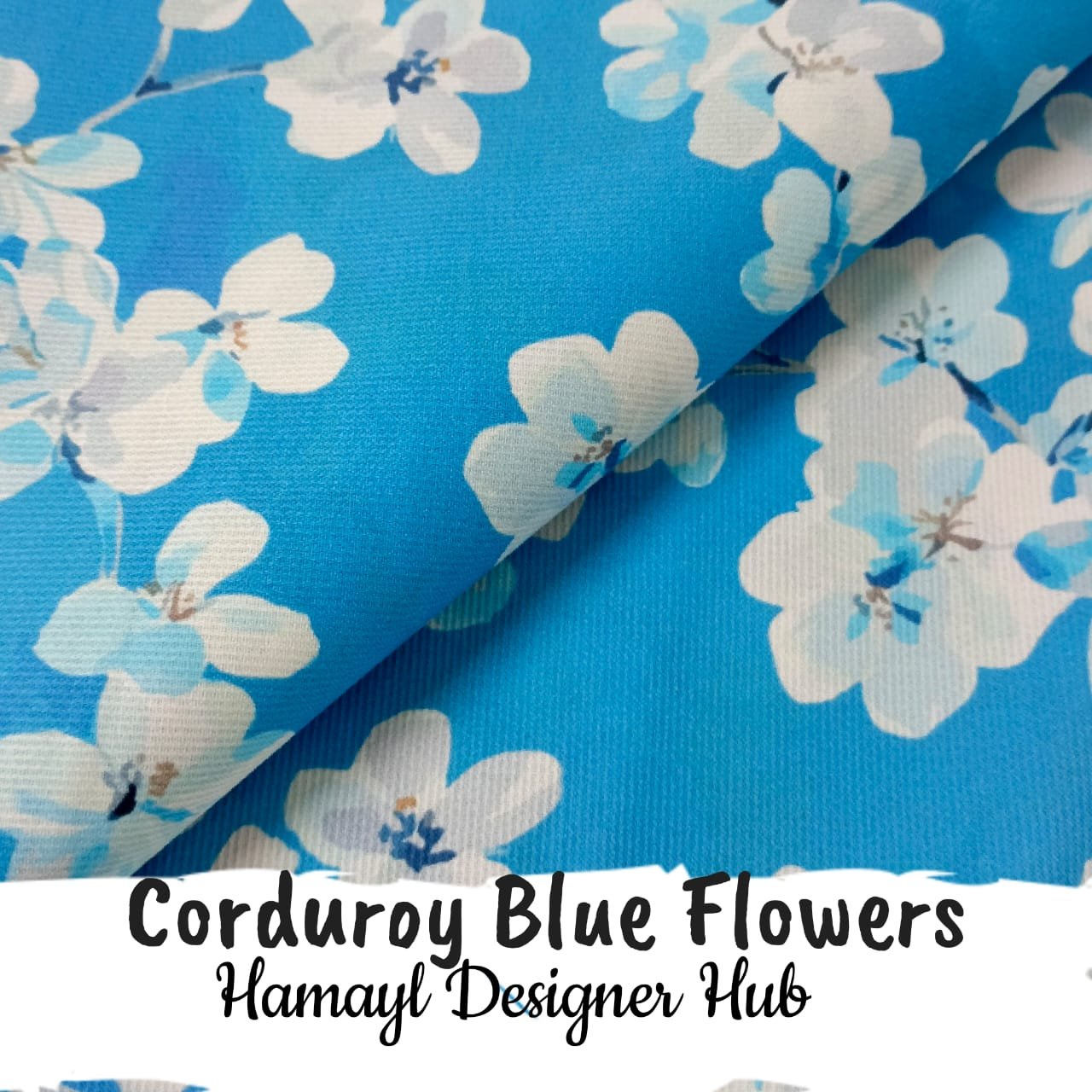 Corduroy Blue Flowers – 58 inch funky corduroy kotrai fabric with floral print by Hamayl Designer Hub Pakistan