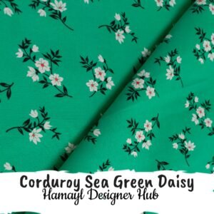 Corduroy Sea Green Daisy – 58 inch funky corduroy kotrai fabric with floral print by Hamayl Designer Hub Pakistan