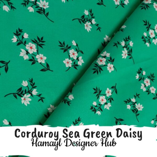 Corduroy Sea Green Daisy – 58 inch funky corduroy kotrai fabric with floral print by Hamayl Designer Hub Pakistan